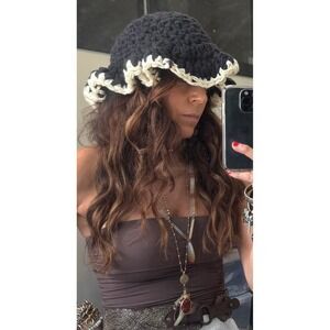 Vintage Made‎ with LOVE Black Crochet Hat with Ivory Trim Sz O/S